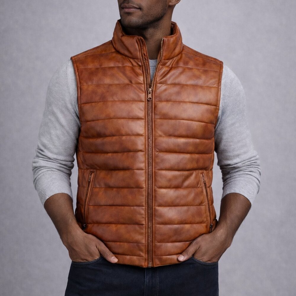 Laraunt Brown Quilted Leather Vest Men’s Size XL Zip Puffer Style